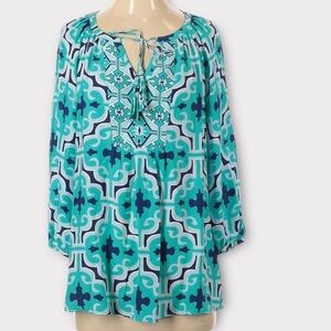 Annie Griffin Blue Teal 100% Silk Boho Top with Tassels Size Large 3/4 Sleeve